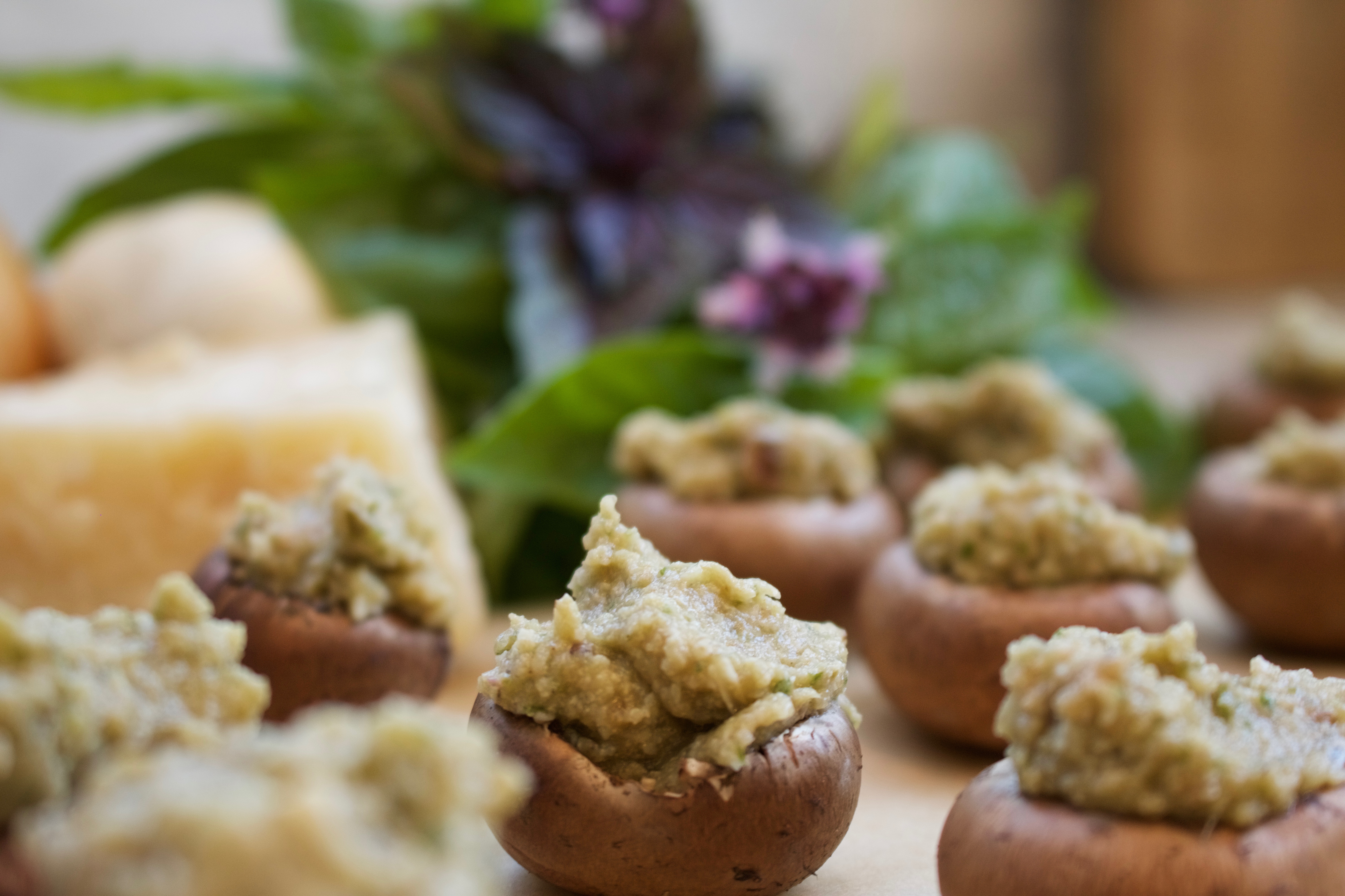 Basil, Parmesan Cheese and Breadcrumbs Stuffed Mushroom Caps