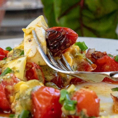 Gribiche Sauce on blistered cherry tomatoes