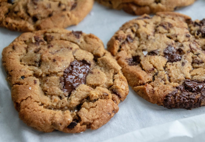 Giant Chocolate Chip cookies with cocoa nibs and Kosher salt